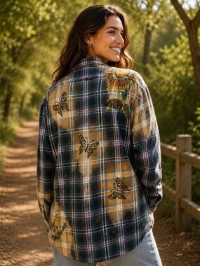 Upcycled Hand Painted Butterflies Flowers Flannel Shirt - Bleached Green Red XL